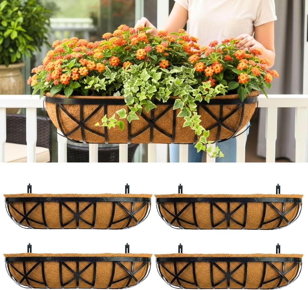 LaLaGreen 30 Inch, 4 Pack Railing Planters with Adjustable Mounting Brackets Black Metal Window Planter Boxes for Outdoor Gardening, Wall-Mount Flower Pots, Balcony Fence Patio, Porch, Garden