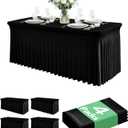 4 Pack Spandex Table Cover Skirts for 6ft Rectangle Tables, Black Stretch Table Cloths with Floor-Length Ruffle, Elastic Fitted Skirted Tablecloth for Elegant Wedding Banquet Party Buffet Decoration