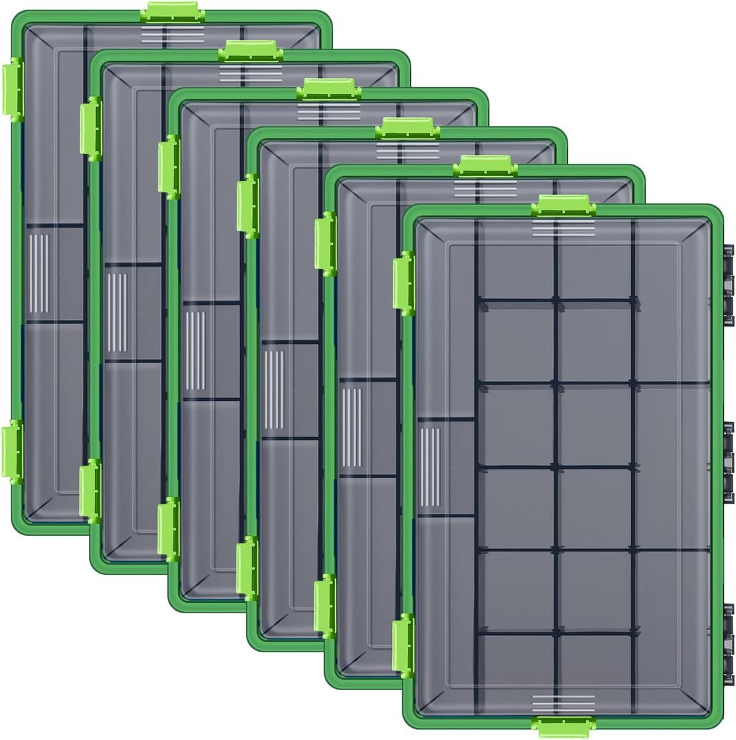 6 Pack Fishing Tackle Boxes Waterproof 3600 and 3700 Tackle Trays with Removable Dividers Plastic Storage Organizer Bait Vault Camouflage Box for Freshwater Saltwater (Green,3700)