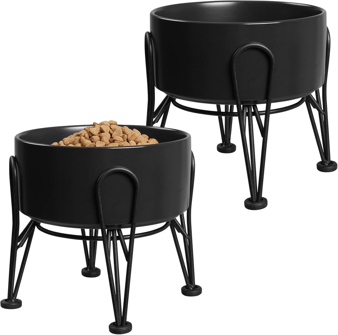 Elevated Dog Bowls, Ceramic Raised Dog Bowl Set with Anti-Slip and Non-Tip Metal Stand, 2 Pack Pet Food and Water Feeding Bowls for Small and Medium Dogs (Black,3.6 Cups)