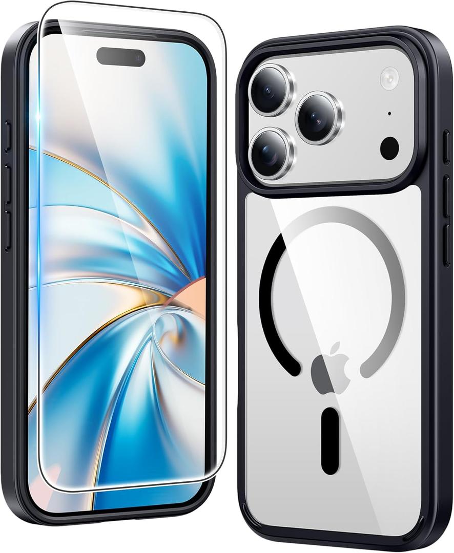 FNTCASE for iPhone 17 Pro Case: Clear Magnetic Phone Cases with Screen Protector Compatible with Magsafe Slim Anti Yellowing Rugged Shockproof Protective Transparent Cell Phone Cover (B-Black)