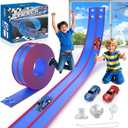 DKOXT Flexible Race Track for Kids 15 Feet of DIY Flex Track Race with 2 Cars & 3 Strong Suction Cups Car Ramp Toy Track, for Kids Ages 3+, Victory Blue