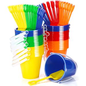 Woanger Set of 36 Beach Pails, Buckets and Shovels - 5 Inch Sand Play Set - Colorful Plastic Beach Buckets - Sand Castle Kit for Boys and Girls Birthday Party Favor