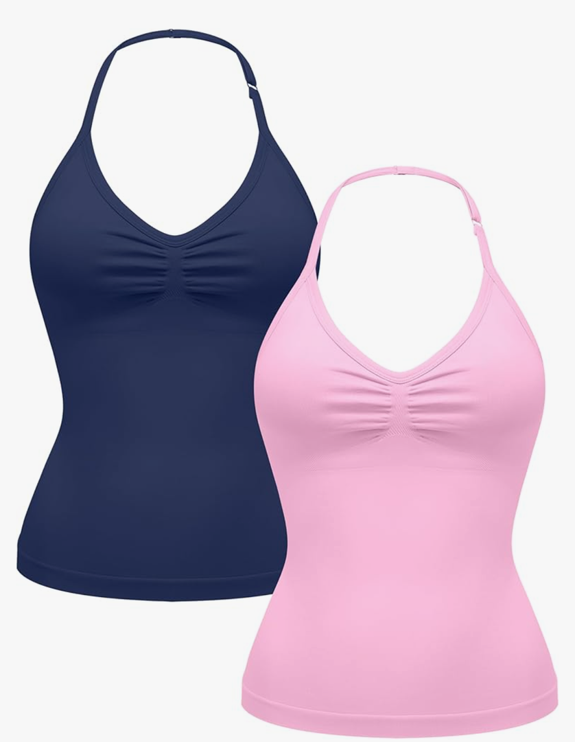 OLCHEE Womens Halter Tank Tops V Neck Impact Backless Longline Strappy Adjustable Gym Workout Top Padded, L