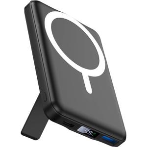 AOGUERBE for MagSafe Portable Charger, 10000mAh Magnetic Power Bank 22.5W Fast Charging, Mini Battery Pack Wireless with LED Display&Foldable Stand for iPhone 17/16/15/14/13/12 Series (Obsidian Black)