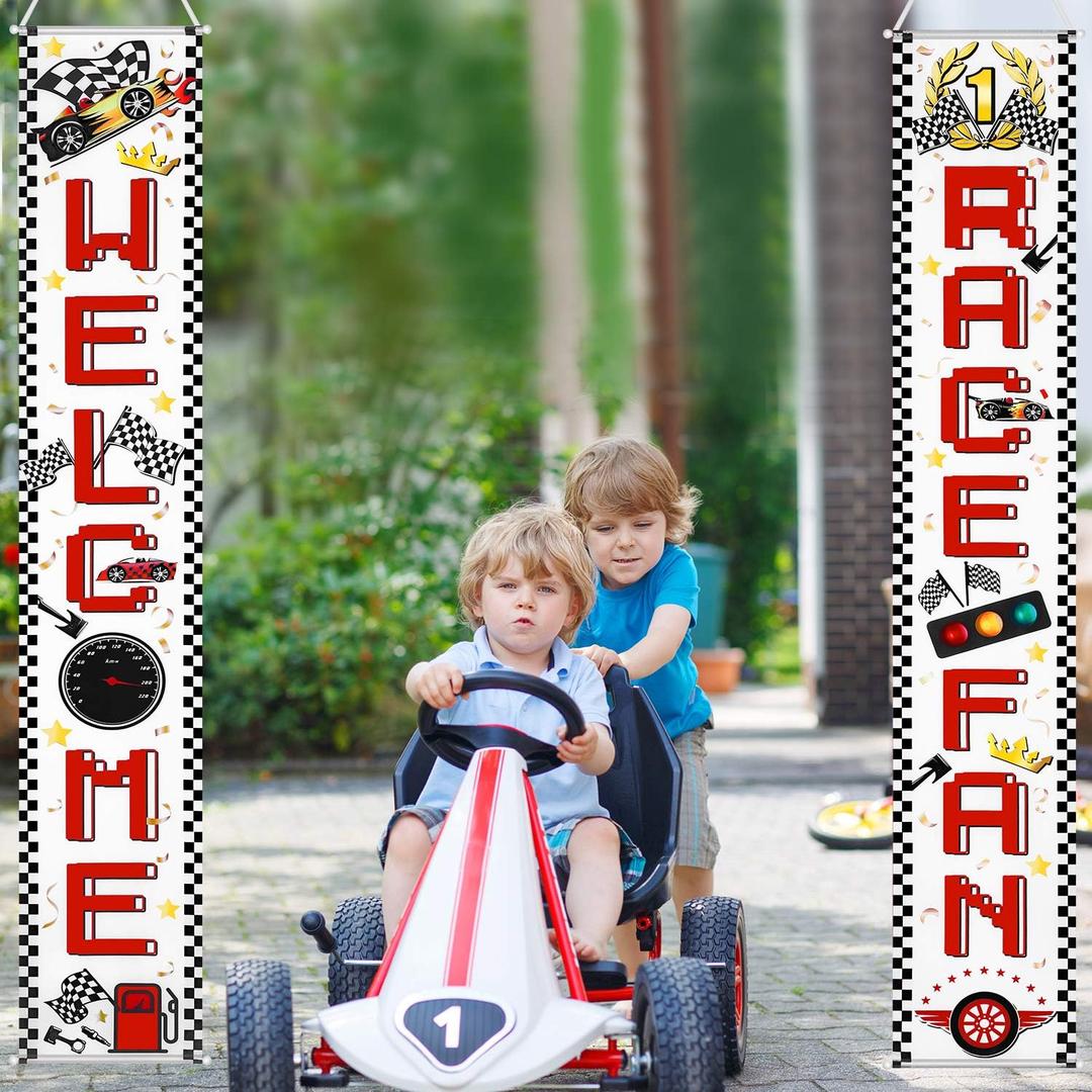 Blulu 2 Pcs Race Fans Banners Checkered Flag Hanging Banner Car Party Decoration Welcome Race Fan Sign for Indoor Outdoor Birthday School Event Baby Shower Supplies