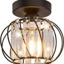 Semi Flush Mount Crystal Ceiling Light, Metal Cage Hallway Ceiling Lamps, Farmhouse Ceiling Light Fixture, Industrial Crystal Chandelier for Corridor Bathroom Kitchen (1, Black, 7.5 Inch)
