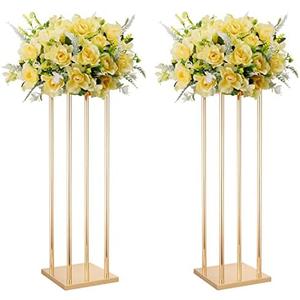 2 Pcs Tall Wedding Elegant Metal Flower Centerpieces, Gold Flower Stand Vase Display Column for Wedding Event Reception Table, Wedding Geometric Vases for Party Table, Home Décor
