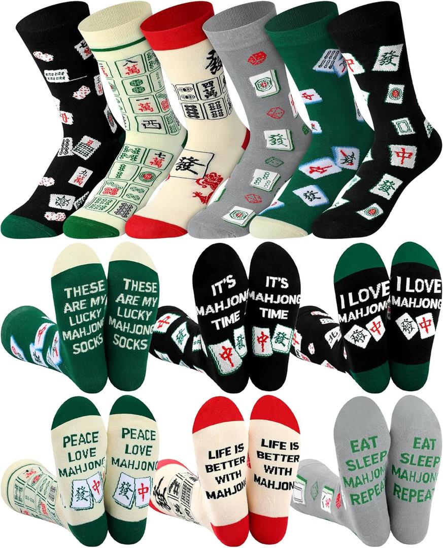Liitrsh 6 Pairs Funny Mahjong Cotton Socks with Novelty Pattern Mah Jong Themed Socks Bulk Chinese New Year Holiday Birthday Gifts for Women Men Mahjong Lovers Fans