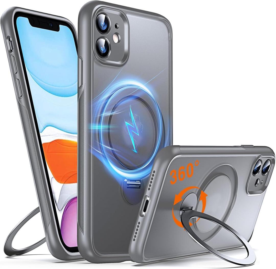 360 O-Ring MagStander for iPhone 11 Case with Magnetic Kickstand Ring Holder [Compatible with MagSafe][360Rotate Stand Ring][Military Shockproof] Magnet iPhone 11 Phone Cover Matte Grey