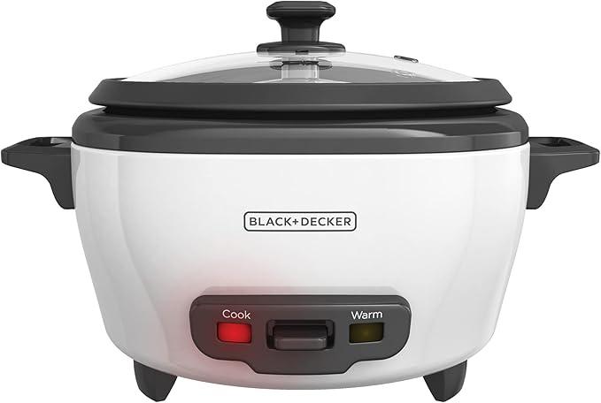 BLACK+DECKER Rice Cooker 6Cup (Cooked) with Steaming Basket, Removable NonStick Bowl, White