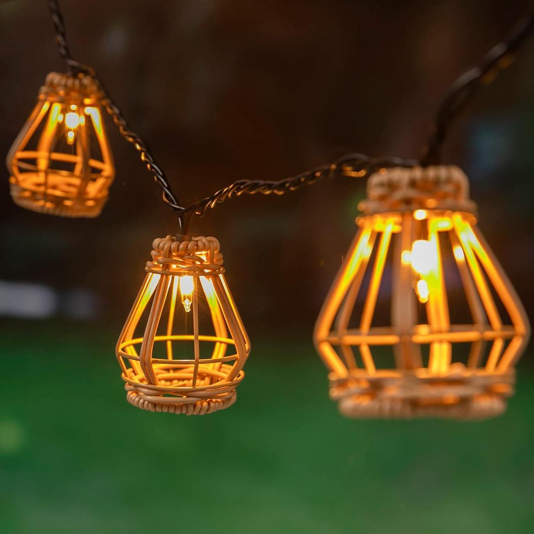 Decorative String Lights, UL Listed Rattan Lantern Style Patio Lights with 10 Mini Bulbs - Connectable, Weatherproof Plug In Lights for Indoor/Outdoor Home Decor, Pergola, Porch, Party and Backyard