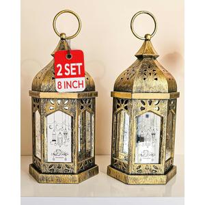 OLEEK Ramadan Lantern Lights (2PCs-8in)- Ramadan Decorations for Home 2026 - Ramadan Decor - Ramadan Lights - Ramadan Lanterns Decorative - Ramadan Lanterns for Kids - Ramadan Decoration   (Gold)