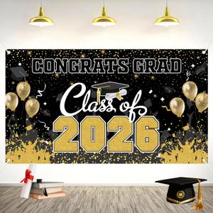 Class of 2026 Graduation Party Decorations Banner, Black and Gold Fabric Backdrop (Not Plastic), Congrats Grad Photo Booth Prop Background with Grommets for High School College Decor (63x35 Inch)