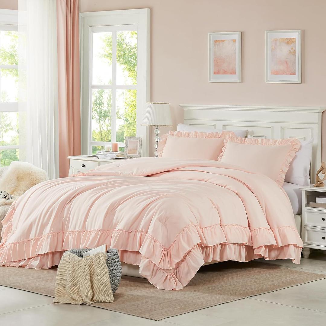 Cupocupa Pink Ruffle King Size Comforter Set, Shabby Chic Boho Bedding Comforter Sets, Fluffy Cozy Bedding Comforters & Sets for All Season, 3PCS Lightweight Farmhouse Rustic Bedding Sets (Blush)