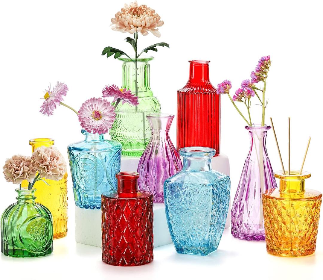 Coloch Set of 10 Colored Bud Vases, Assorted Small Glass Flower Vases Vintage Carved Floral Vase Single Bud Vase in Bulk for Centerpieces, Parties, Wedding Decoration, Office, Home Coloch Set of 10 Colored Bud Vases, Assorted Small Glass Flower Vases Vintage Carved Floral Vase Single Bud Vase in Bulk for Centerpieces, Parties, Wedding Decoration, Office, Home