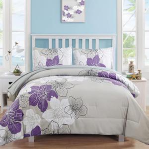 Purple Comforter Set Queen Size, Purple Floral Pattern Printed on Light Grey, Soft Microfiber 7 Pieces Bed in a Bag (1 Comforter, 2 Pillow Shams, 1 Flat Sheet, 1 Fitted Sheet, 2 Pillowcases)