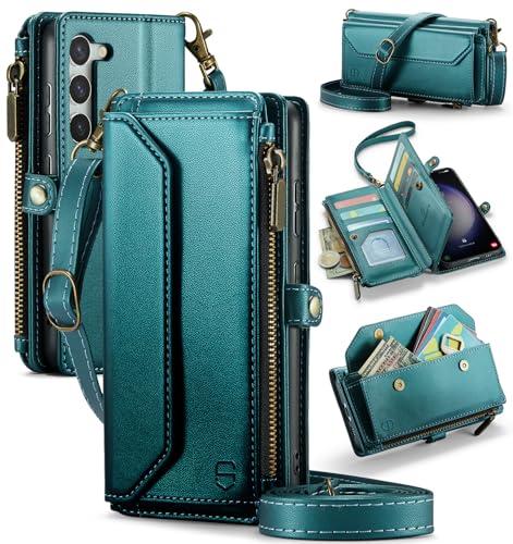 Strapurs Crossbody Wallet Case Compatible with Samsung Galaxy S23 Plus RFID Blocking Card Holder Soft PU Leather Magnetic Snap Strap Zipper Pocket Phone Case Fit for Galaxy S23+/ S23 Plus - Blue Green