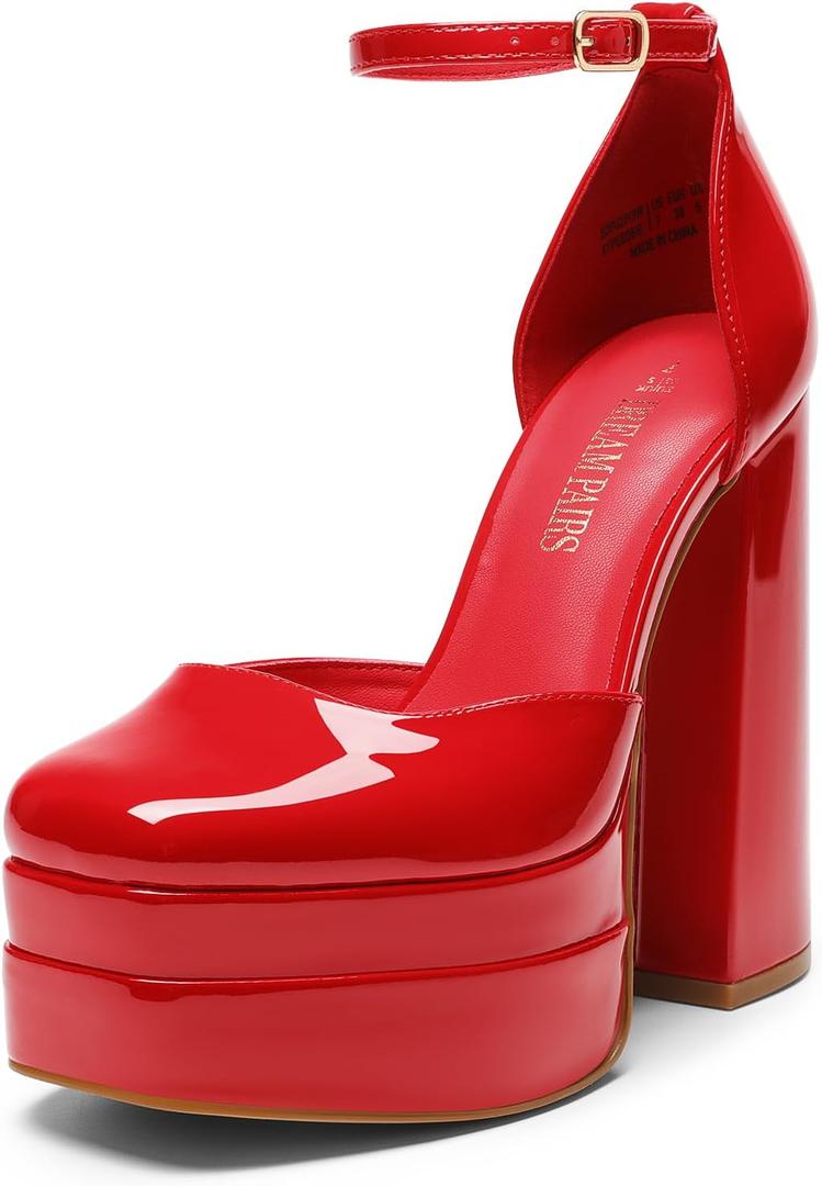 DREAM PAIRS Womens High Chunky Platform Closed Toe Block Heels Square Toe Ankle Strap Dress Wedding Party Pumps Shoes Aurelia (5, Red-pat)