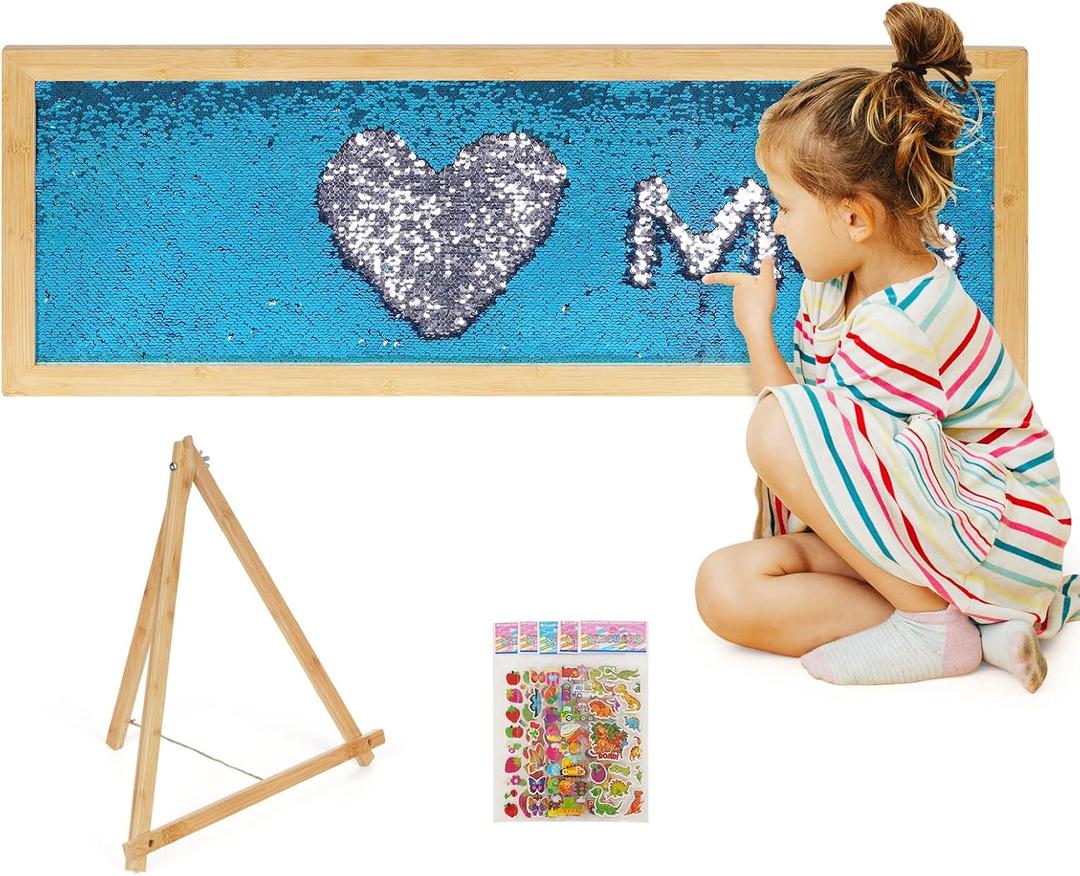 Sensory Wall | Sensory Wall Panel for Kids | Sequin Fabric Sensory Wall | Sequin Sensory Wall Frame | Sequin Flip Fabric | Sensory Wall Panel | Wall Sensory Board (Blue) (Large)