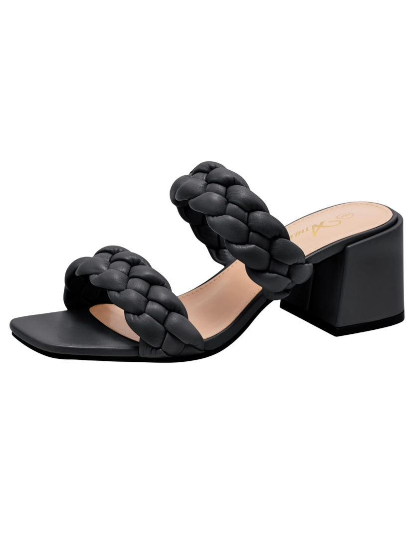 Athlefit Women's Braided Heeled Sandals Strappy Square Open Toe Heels Backless Mules Slip On Block Heels 7.5