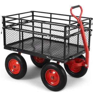 1400 lbs Steel Garden Cart, Heavy Duty Metal Yard Utility Wagon with Removable Mesh Sides, 2-in-1 180 Rotating Handle and 16 inch Wheels, Steel Utility Wagon Perfect for Garden, Farm, Yard (Red)