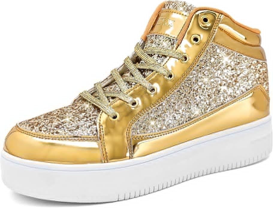 IGxx Womens Platform Glitter Shoes Black High Top Sparkly Sneakers Shiny Fashion Bling Dressy Sequin Metallic Sneakers Disco Wedding Shoes, Size 5