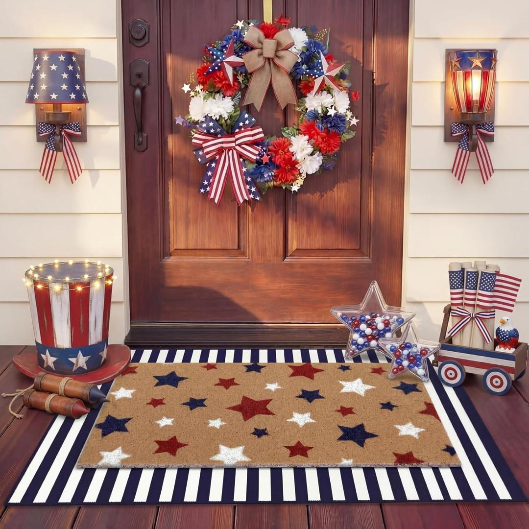 Duraaamo 2 Pcs Independence Day Door Mat 4th of July Outdoor Welcome Mats for Front Door Patriotic Non Slip Coir Floor Doormat Red White Blue Stripe Rug for Outside Porch Entryway Decor(Patriotic)
