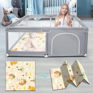 Baby Playpen with Mat, Playpen for Babies & Toddlers, Sturdy Safety Play Yard with Soft Breathable Mesh, 50 * 50 * 27 inches Grey