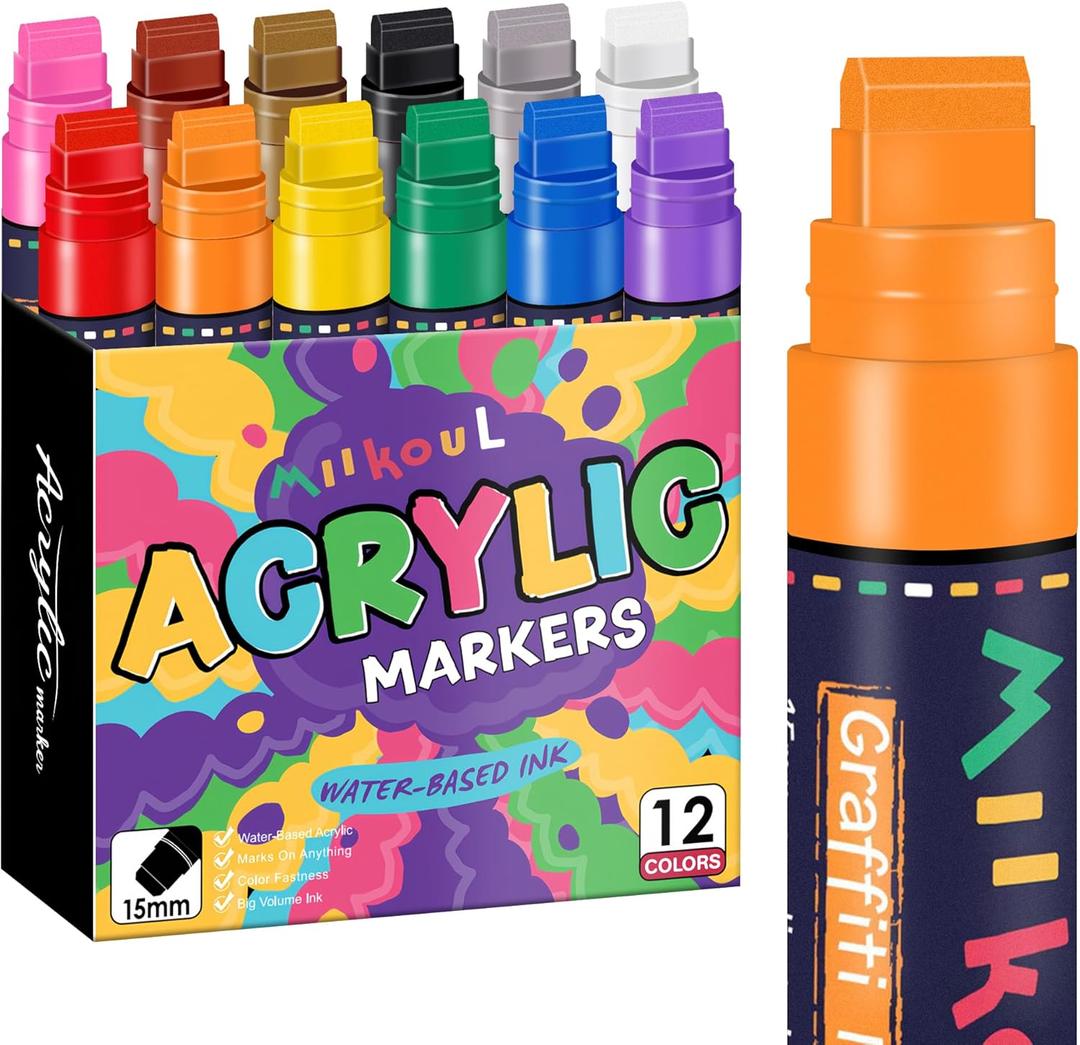 miikoul 12 Colors Jumbo Graffiti Markers, Large 15mm Felt Tip Permanent Acrylic Paint Pens Colored Markers for Rock Painting, Wood, Canvas, Glass, Plastic, Ceramics, Fabric and Outdoor Paintings