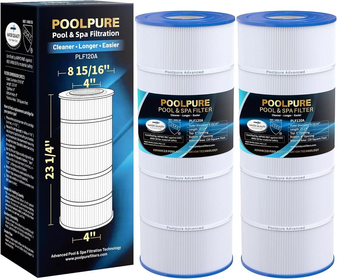 POOLPURE PA120 Pool Filter Replaces Hayward C1200, CX1200RE, Unicel C-8412, Filbur FC-1293, Clearwater II 125, Waterway Pro Clean PCCF-125, 817-0125N, 120 sq.ft Cartridge, 2 Pack