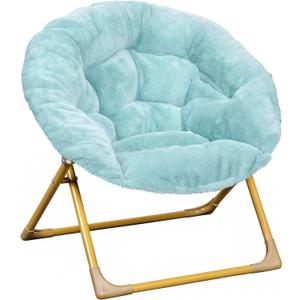 Flash Furniture Gwen Kids Cozy Mini Folding Saucer Chair - Dusty Aqua Faux Fur Moon Chair - Soft Gold Metal Frame - 23" Portable Folding Chair For Living or Bedroom