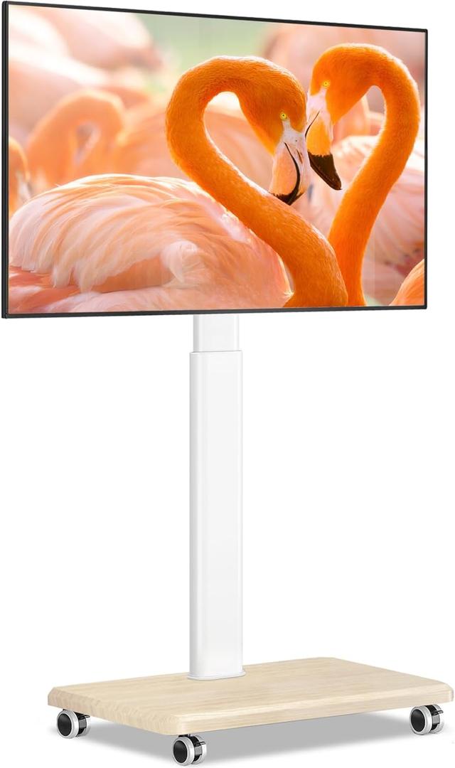 TVON Rolling TV Stand for 32 to 65 70 Inch TVs, Elegant Floor TV Stand with Wheels, Mobile TV Cart with 9 Levels of Height Adjustment for Optimal Viewing, White Floor Stand for Living Room (Wooden Base)