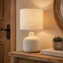 Ceramic Table Lamp, 17.75" Rustic Farmhouse Bedside Lamp with Beige Linen Shade, Warm Ambient Nightstand Lighting for Bedroom or Living Room, Off-White