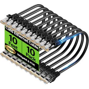 Cat6 Ethernet Cable 10Gbps 10 ft (10 Pack), UTP Ethernet Cable Cat 6, Flexible Bare Copper Cat6 Cable, Cat 6 Network Cable for Server, Data Center, Black