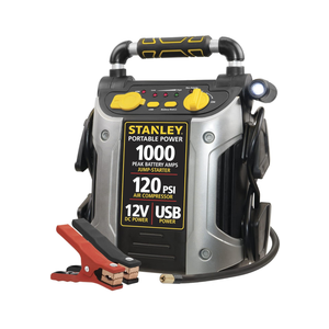 STANLEY J5C09 Portable Power Station Jump Starter 1000 Peak Amp Battery Booster, 120 PSI Air Compressor, USB Port, Battery Clamps