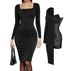 Popilush Cocktail Dress Long Sleeve Square Neck Midi Dress Shapewear Tummy Control Bodycon Dress Party Evening Built in Bra (Large)