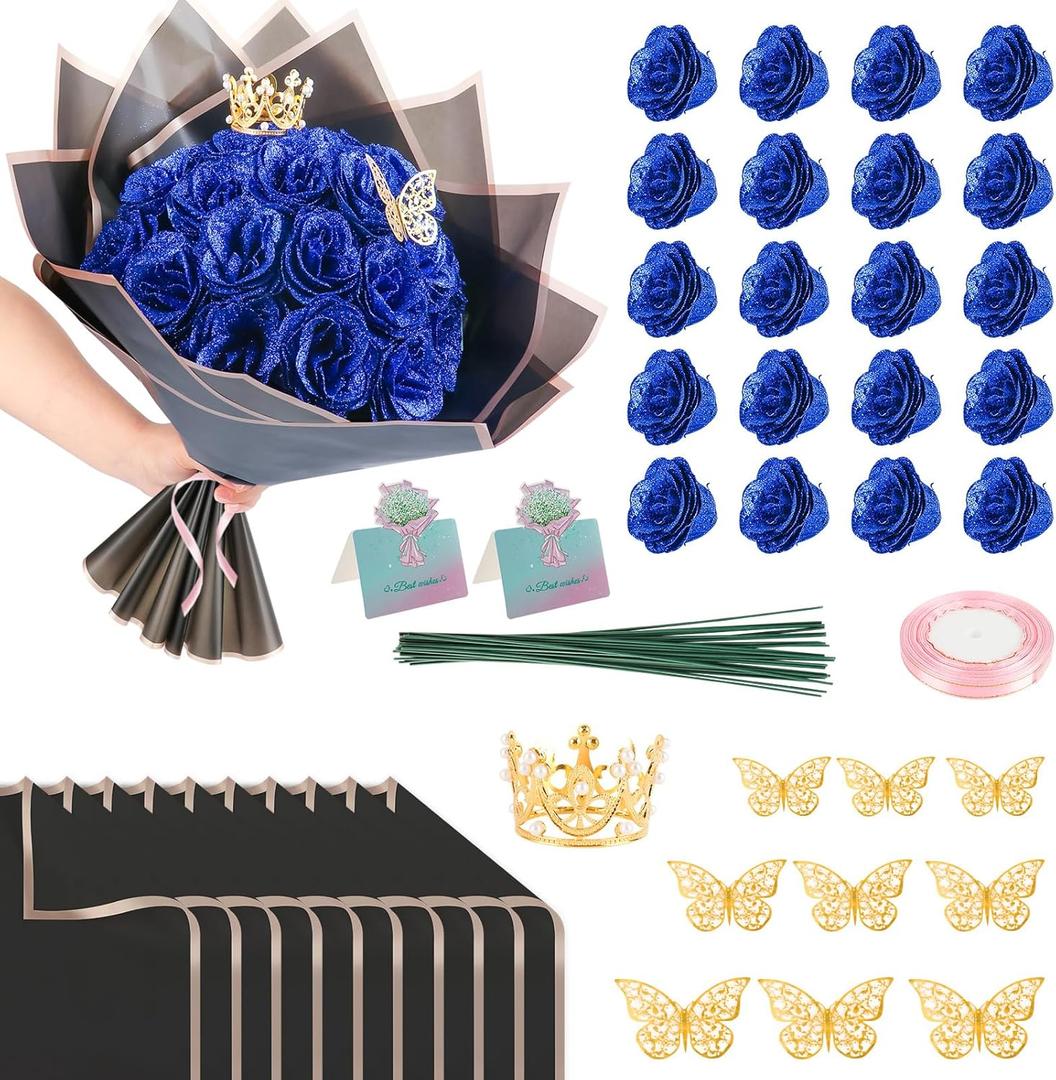 Glitter Roses Bouquet, 24 Roses DIY Fake Glitter Flowers Bouquet, Everlasting Shiny Artificial Red Rose Bouquet for Mothers Day Gifts, Anniversary, Engagement, Wedding (Blue)
