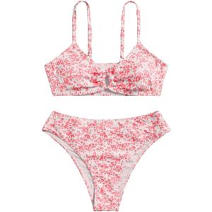 OYOANGLE Girl's 2 Piece Ditsy Floral Bikini Swimsuit Ring Linked Ruched Bathing Suit (Red)