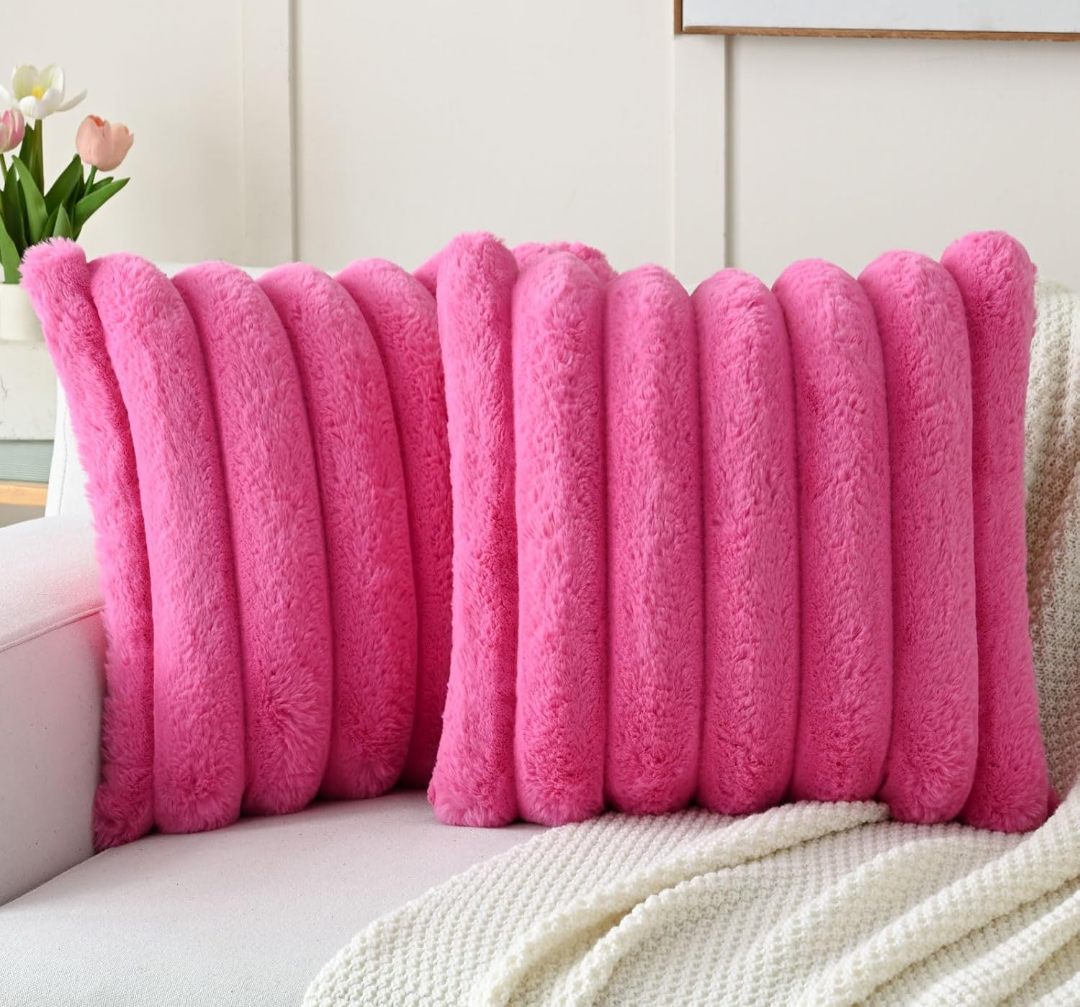 FUTEI Valentine's Day Hot Pink Decorative Throw Pillow Covers 20x20 Inch Set of 2, Square Soft Faux Rabbit Fur Thick Striped Cushion Cover,Winter Home Decor for Couch Bed Living Room