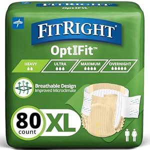 FitRight Adult Diapers, Extra Heavy Absorbency, XL (Waist Size 56in-64in), 80 Count, OptiFit Incontinence Briefs for Men and Women, Disposable, Moisture Wicking, Leak Protection