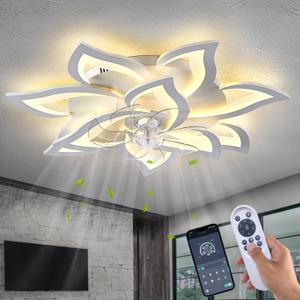 32" Modern Geometric Ceiling Fan with Lights Remote Control, White 6 Speeds 3 Colors Low Profile Ceiling Fan with Light for Living Room, Small Large