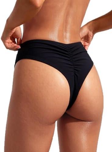 SherryDC Women's Sexy High Waisted Thong Bikini Bottoms Cheeky Ruched Back High Cut Swimsuit Bottoms, Medium