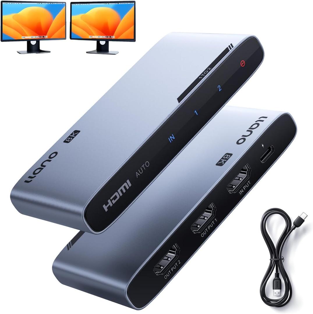 llano HDMI 2.1 Splitter 1 in 2 Out, 8K@60Hz 4K@120Hz/240Hz, SST & Mirror Mode Only (No Extend), HDCP 2.3, HDR10, Dolby Vision, for PS5, Xbox, Apple TV, Laptop, Aluminum Case