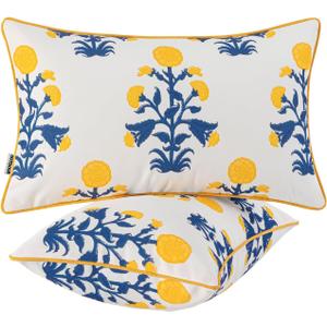 MIULEE Decorative Floral Outdoor Lumbar Pillow Covers with Inserts Set of 2 12x20,Waterproof Vintage Fade Resistant Patio Throw Pillows with Piping for Spring Summer Garden Couch Sofa,Blue and Yellow