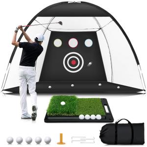 Golf Net: 10x7ft Golf Hitting Practice Net for Backyard, Indoor or Outdoor Driving Chipping Swing Training and Equip Non-Slip Heavy-Duty Base Hitting Mat, Ideal Gifts for Dad Husband Men Fathers Day