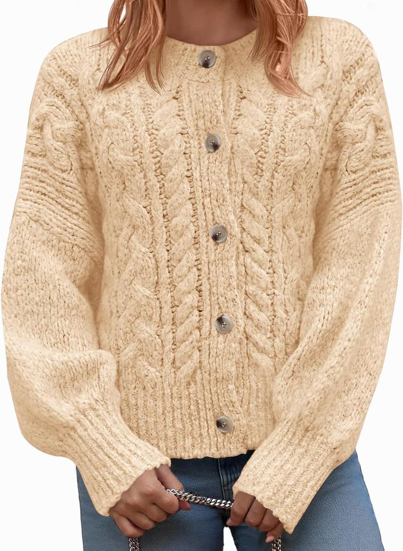 Yousify Womens Open Front Cardigan Sweaters Casual Cable Knit Long Sleeve Button Down Chunky Loose Fall Sweater (Large, Apricot)