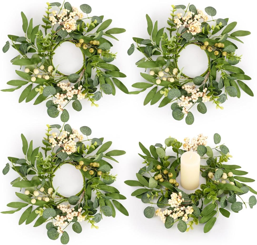 4 Pcs Green Eucalyptus Candle Rings Wreaths Spring Summer Kitchen Cabinet Wreaths Mini Green Berry Leaves Candle Wreath for Pillars Farmhouse Festival Wedding Celebrations Tabletop Decoration