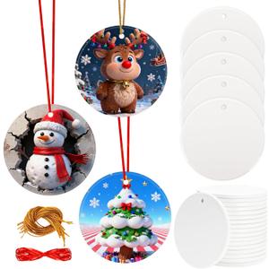 Joyclub 25 PCS 3'' Sublimation Ornament Blanks Ceramic Sublimation Christmas Ornaments Bulk Wholesale Round White Ornaments for Personalized Xmas Tree Heat Transfer Home Decor DIY Crafts