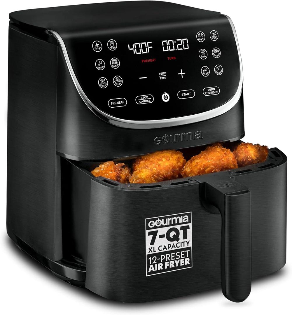 Gourmia Air Fryer - 7 Qt Large Capacity, FryForce 360, Digital Display with 12 Presets, Roast, Bake, Broil, Dehydrate, Dishwasher Safe Accessories, Black